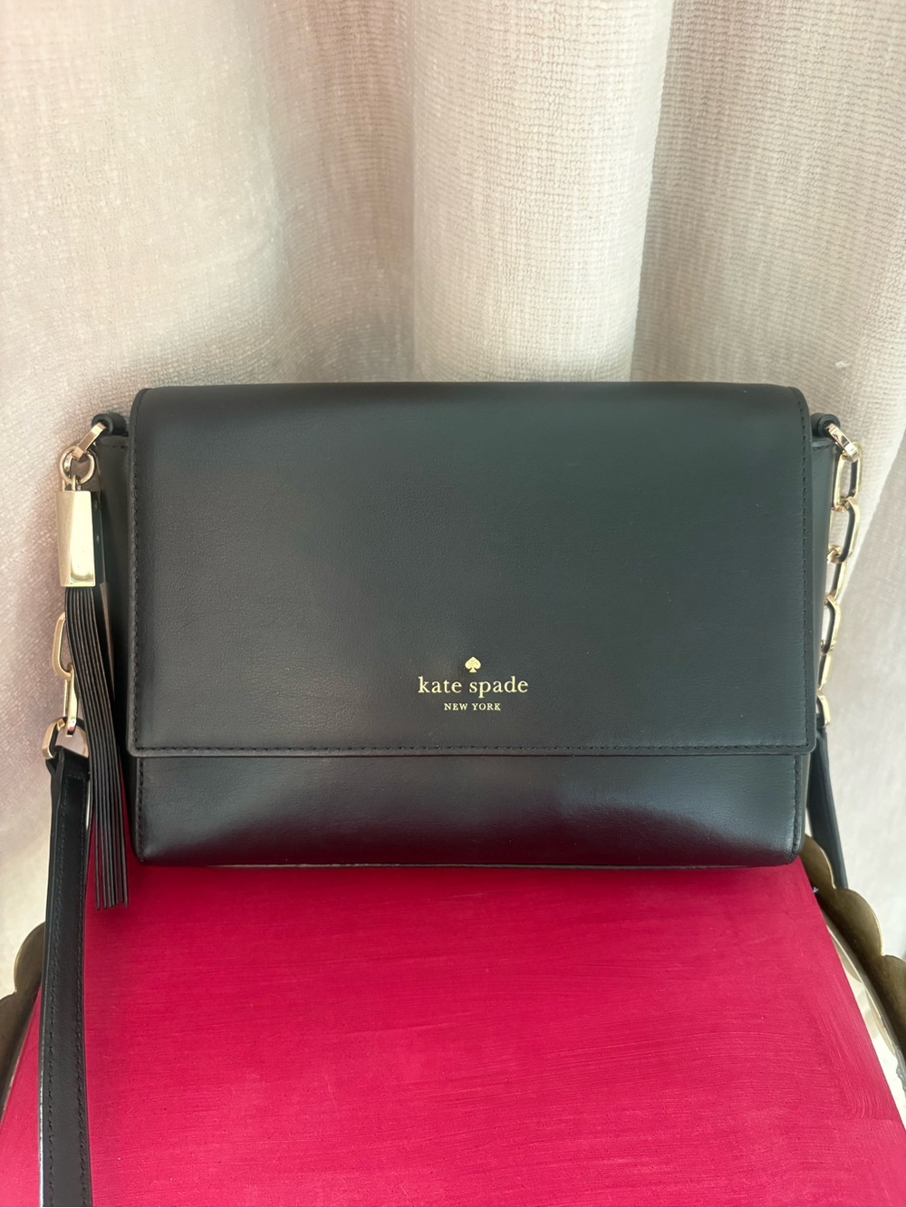 kate spade Black Leather Tassel Crossbody with Gold Hardware